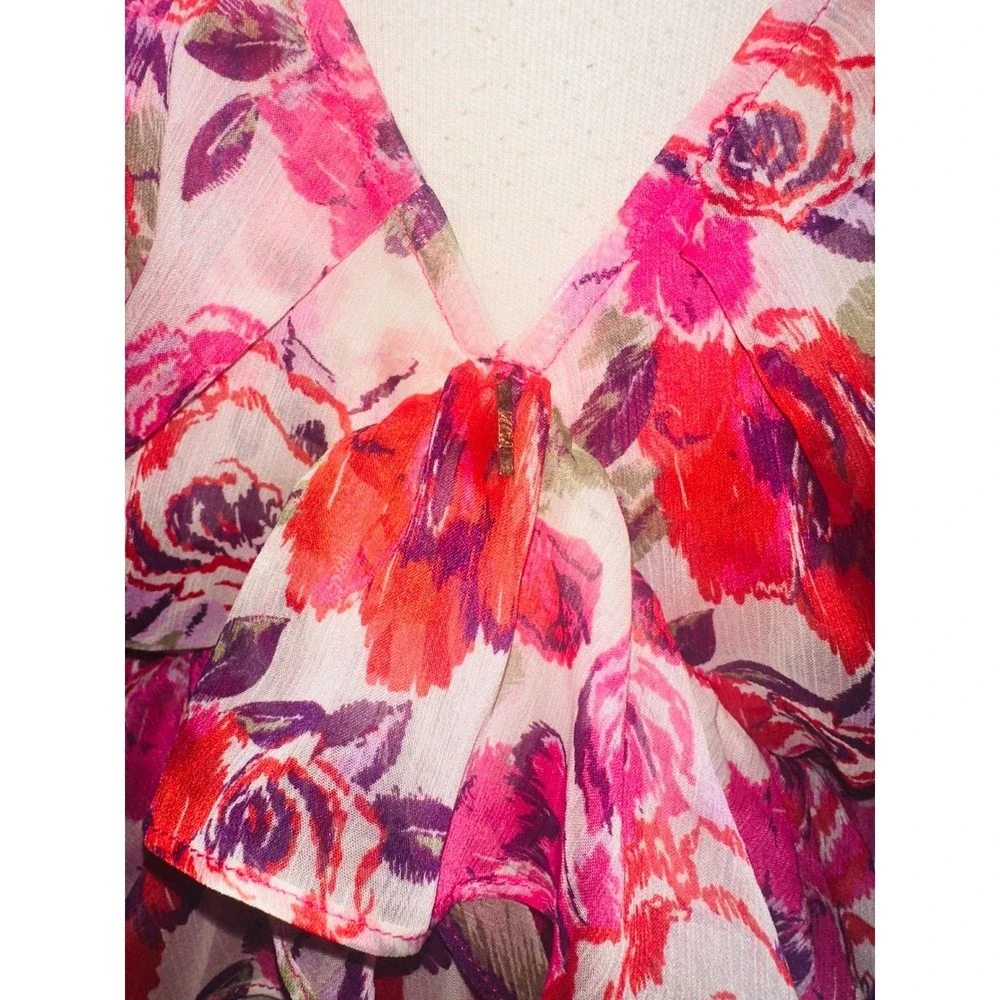 MISA Los Angeles Pink Red Diana Floral Ruffle Maxi Dress Size L Chiffon Boho A6